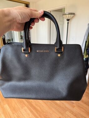Michael Kors Black Leather Dome Satchel with Gold Hardware, 15”